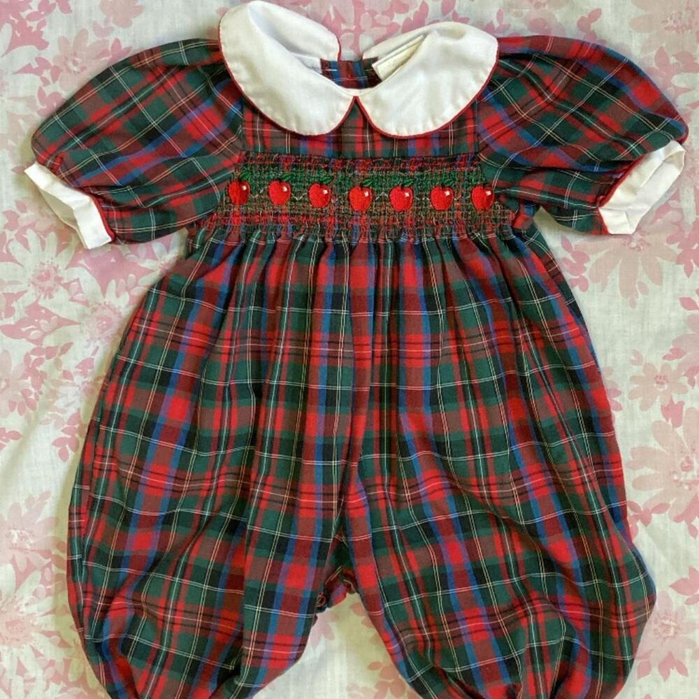 1980s red and green plaid short sleeve pant bubble romper